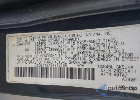 2003 Toyota Sequoia Limited V8 z USA, uszkodzony, nr VIN 5TDBT48A73S171091